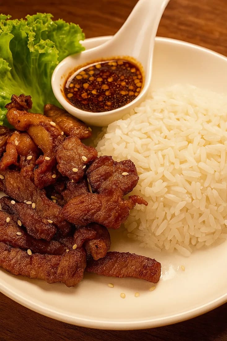 หมูทอดกรอบนอกนุ่มใน เสิร์ฟพร้อมข้าวและน้ำจิ้มแซ่บ